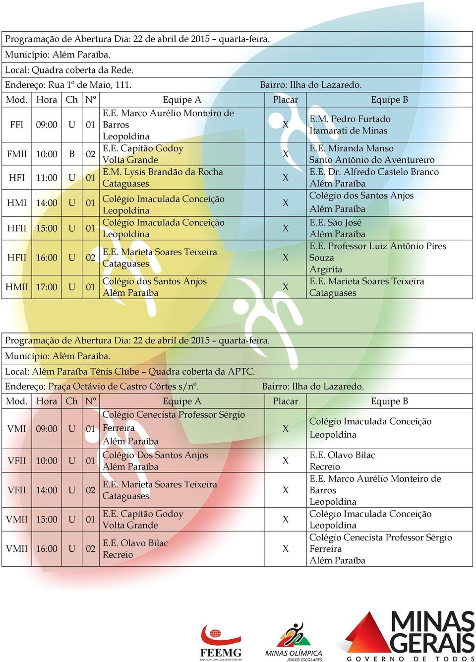 Alfredo Castelo Branco Colégio dos Santos Anjos E.E. São José E.E. Professor Luiz Antônio Pires Souza Programação de Abertura Dia: 22 de abril de 2015 quarta-feira. Município:.