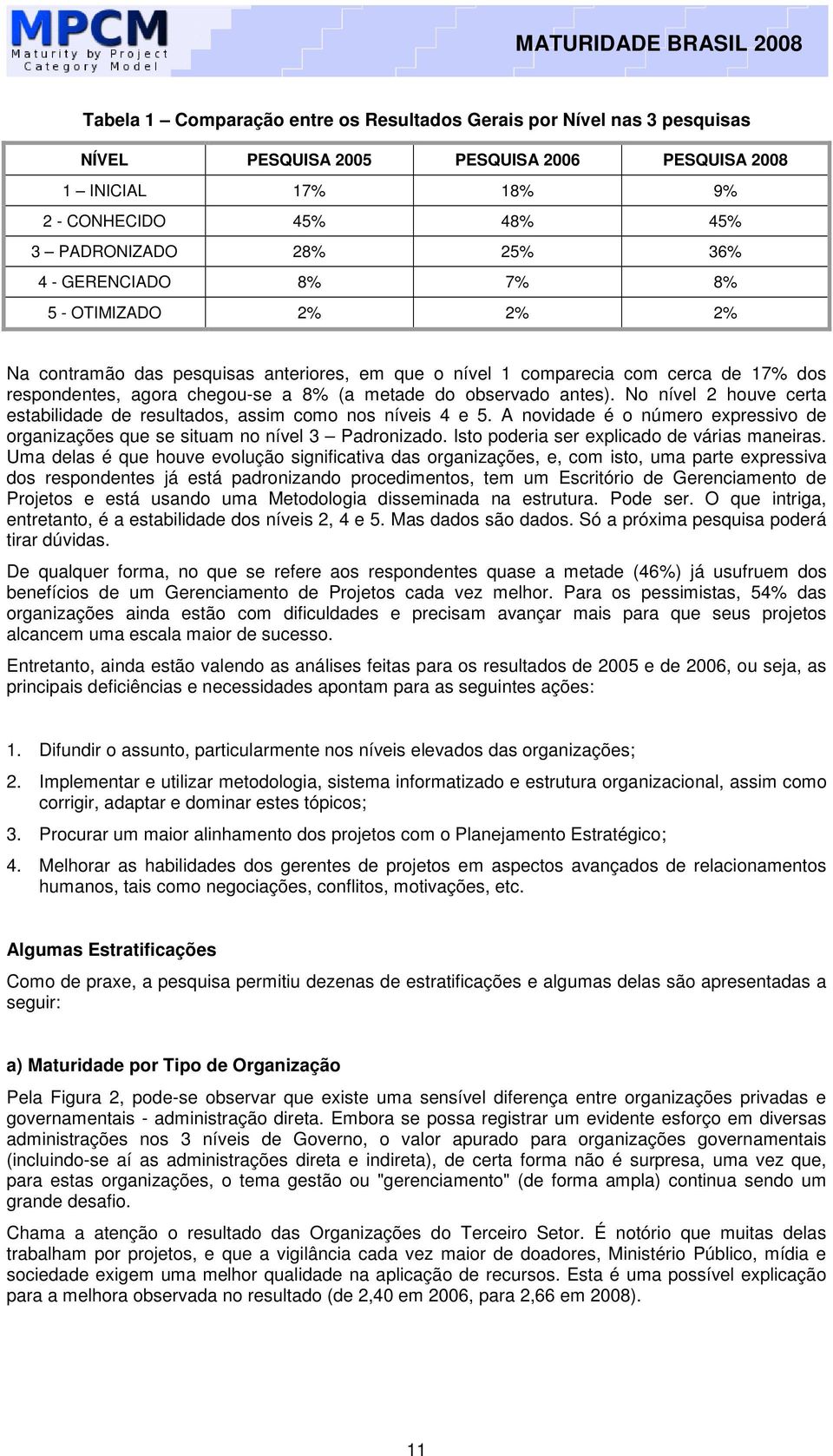 No nível 2 houve certa estabilidade de resultados, assim como nos níveis 4 e 5. A novidade é o número expressivo de organizações que se situam no nível 3 Padronizado.