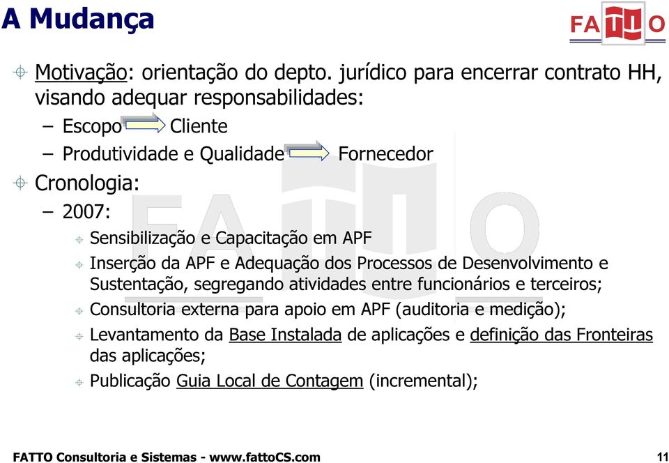 2007: Sensibilização e Capacitação em APF Inserção da APF e Adequação dos Processos de Desenvolvimento e Sustentação, segregando