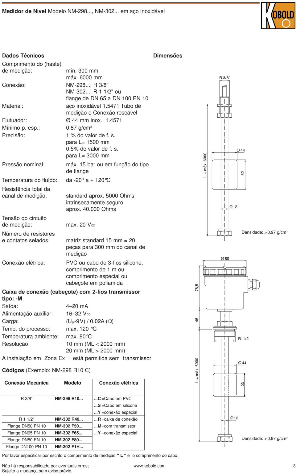 15 bar ou em função do tipo de flange Temperatura do fluído: da -20 a + 120 C R 3/8" Ø 44 52 Resistência total da canal de : standard aprox. 5000 Ohms intrinsecamente seguro aprox. 40.