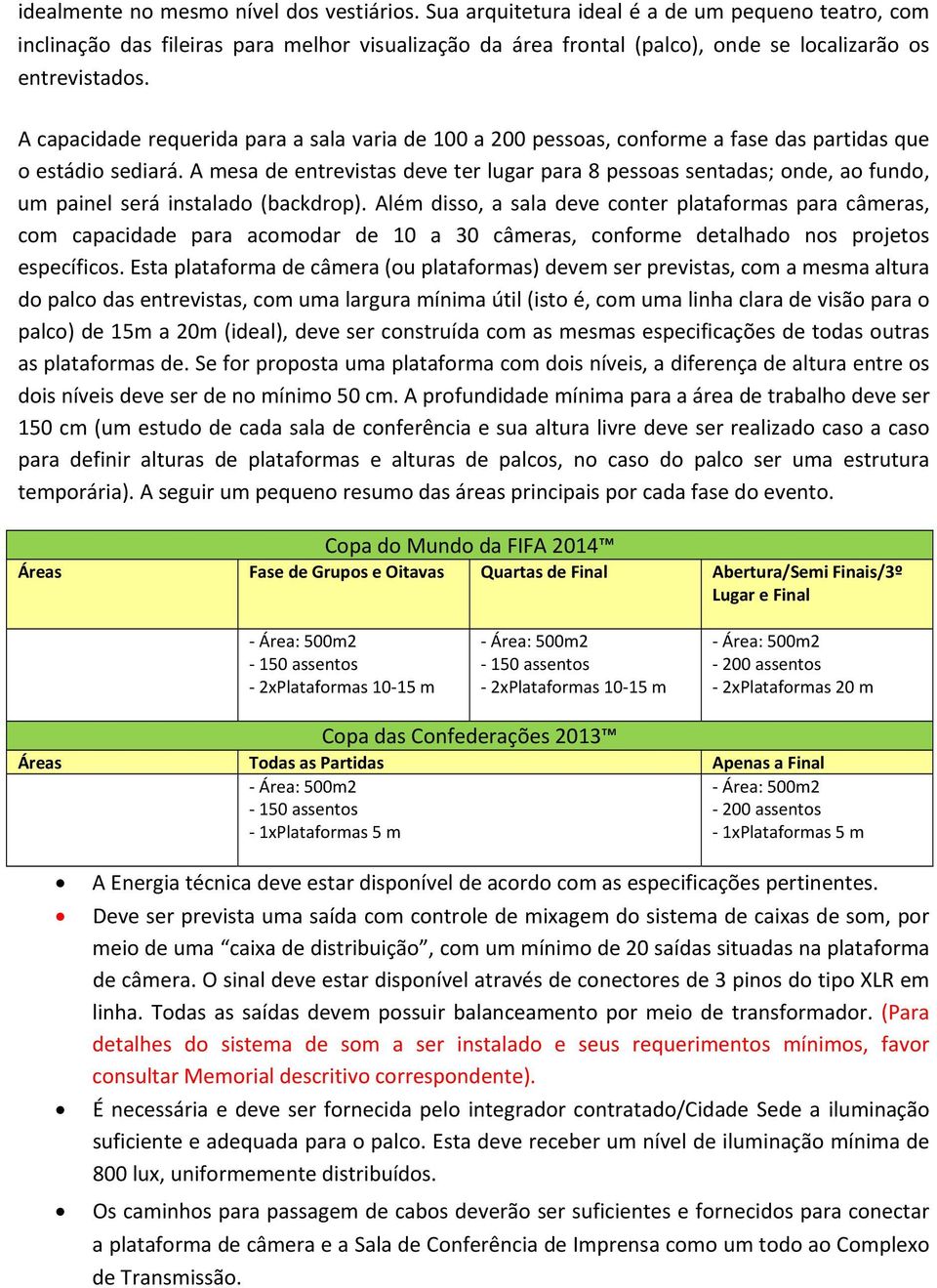 A capacidade requerida para a sala varia de 100 a 200 pessoas, conforme a fase das partidas que o estádio sediará.