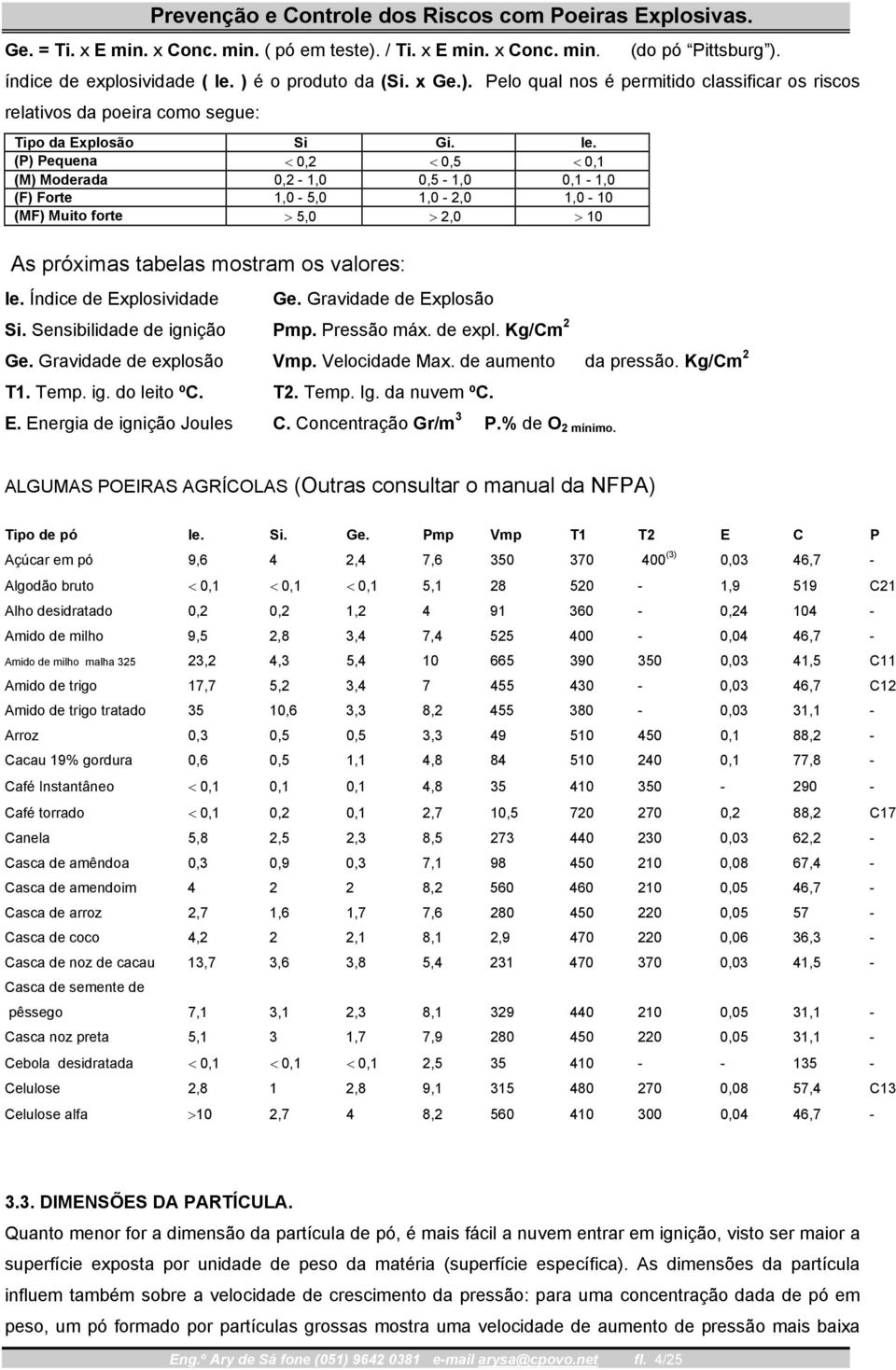 Índice de Explosividade Ge. Gravidade de Explosão Si. Sensibilidade de ignição Pmp. Pressão máx. de expl. Kg/Cm 2 Ge. Gravidade de explosão Vmp. Velocidade Max. de aumento da pressão. Kg/Cm 2 T1.