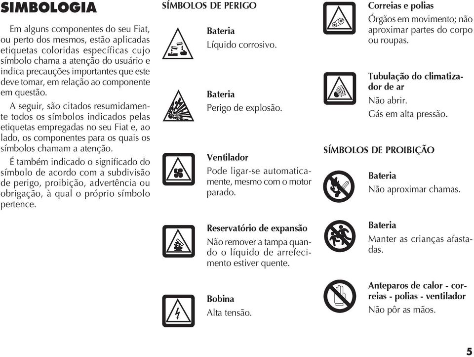 A seguir, são citados resumidamente todos os símbolos indicados pelas etiquetas empregadas no seu Fiat e, ao lado, os componentes para os quais os símbolos chamam a atenção.