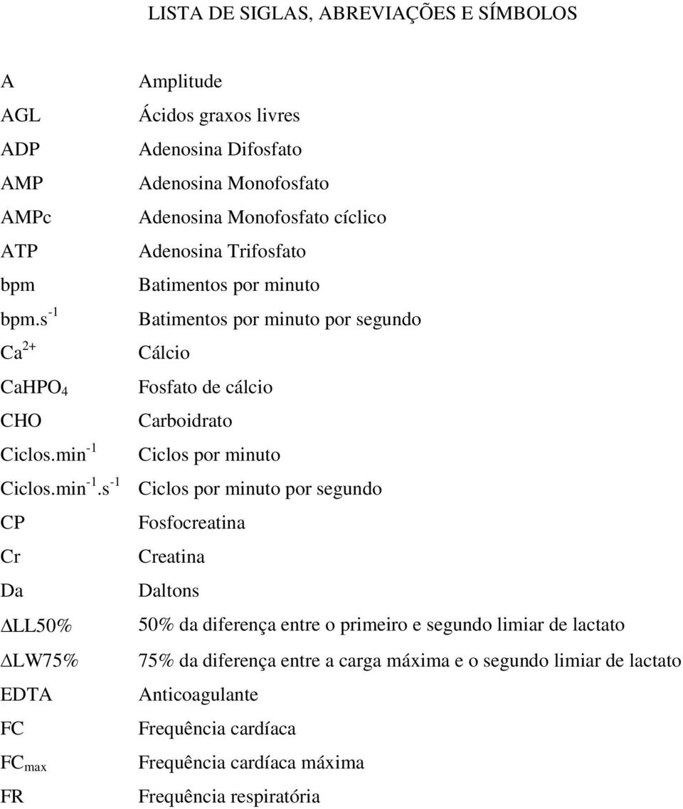 s -1 CP Cr Da LL50% LW75% EDTA FC FC max FR Amplitude Ácidos graxos livres Adenosina Difosfato Adenosina Monofosfato Adenosina Monofosfato cíclico Adenosina Trifosfato