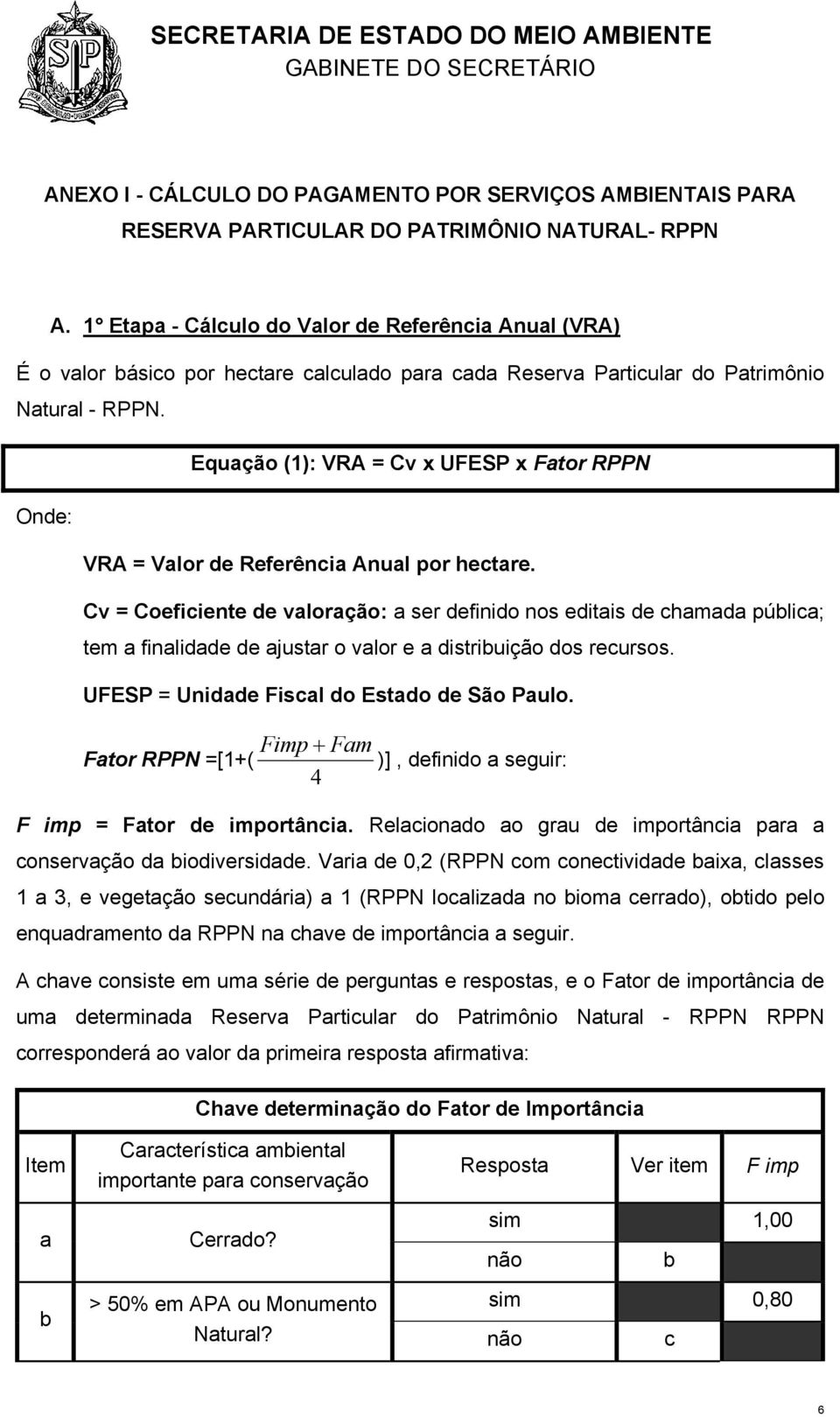 Onde: Equação (1): VRA = Cv x UFESP x Fator RPPN VRA = Valor de Referência Anual por hectare.