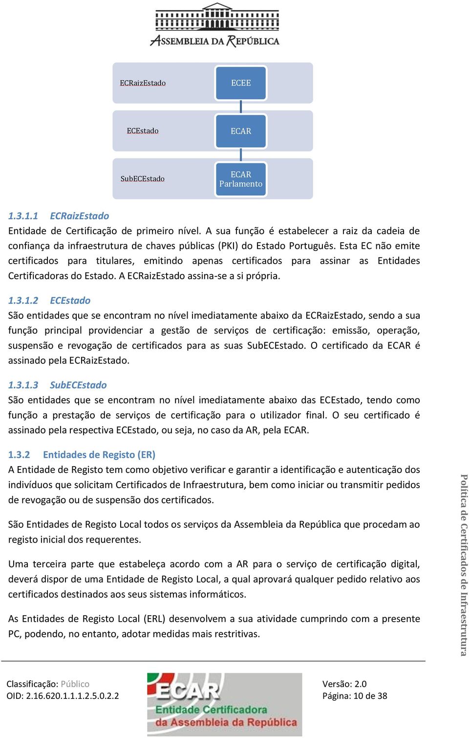 Esta EC não emite certificados para titulares, emitindo apenas certificados para assinar as Entidades Certificadoras do Estado. A ECRaizEstado assina-se a si própria. 1.