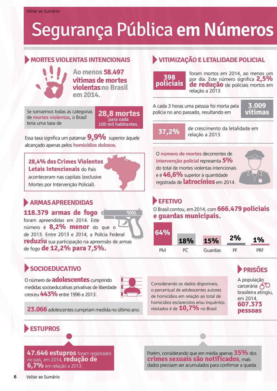 28,4% dos crimes Violentos letais intencionais do País aconteceram nas capitais (exclusive Mortes por Intervenção Policial). armas apreendidas 118.379 armas de fogo foram apreendidas em 2014.