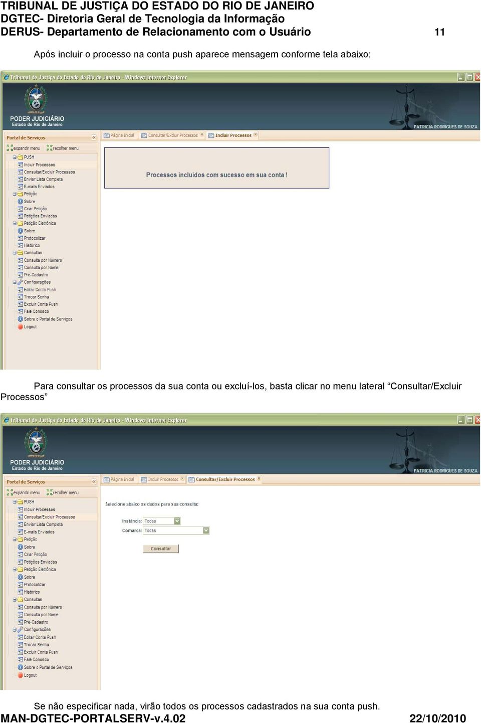 sua conta ou excluí-los, basta clicar no menu lateral Consultar/Excluir Processos