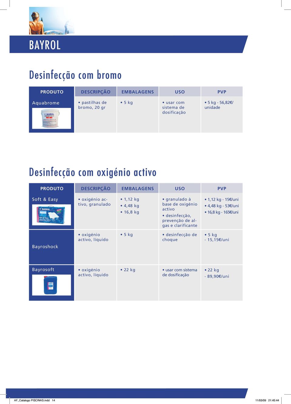 prevenção de algas e clarificante 1,12 kg - 15 /uni 4,48 kg - 5 /uni 16,8 kg - 165 /uni Bayroshock oxigénio activo, líquido desinfecção de choque