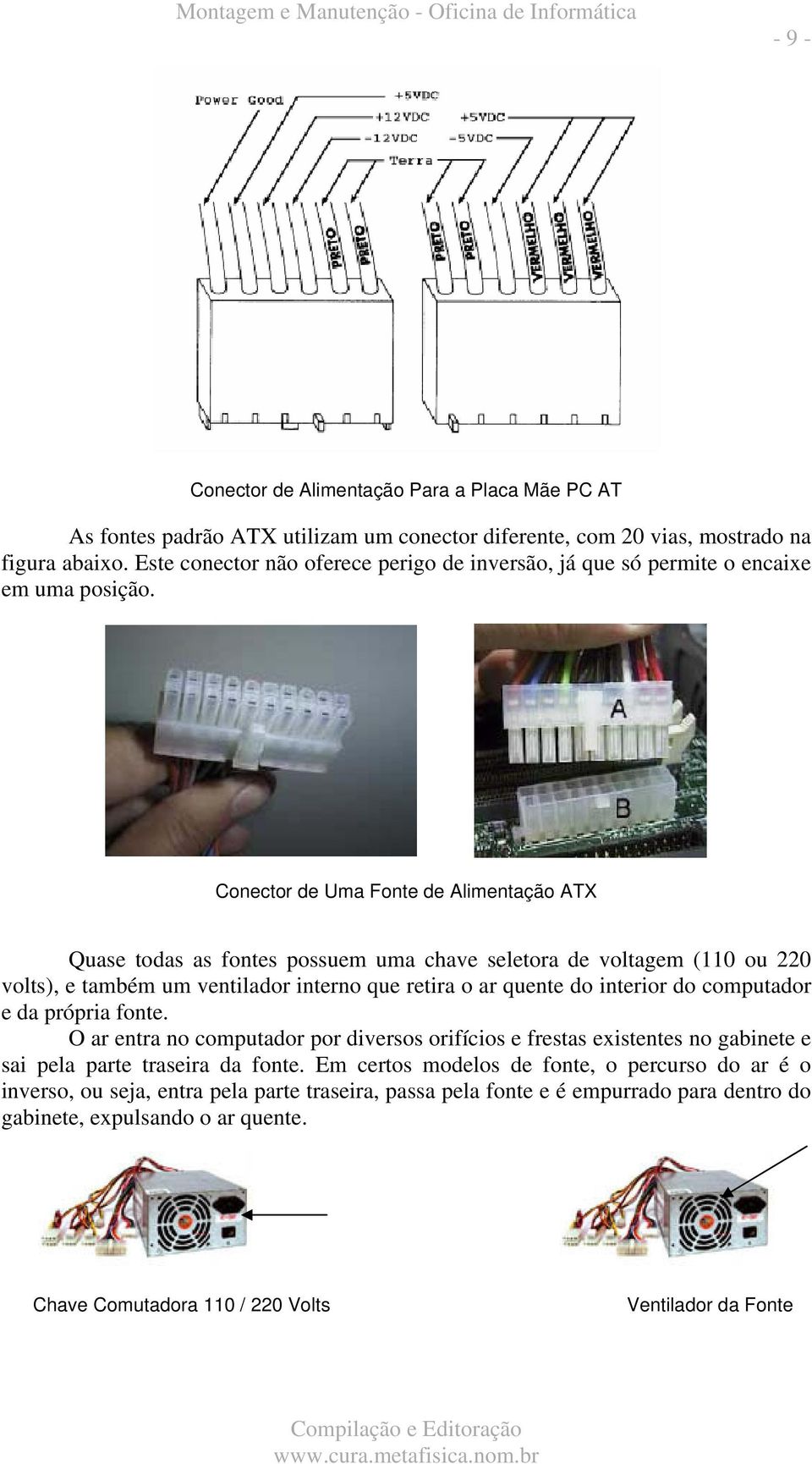 Conector de Uma Fonte de Alimentação ATX Quase todas as fontes possuem uma chave seletora de voltagem (110 ou 220 volts), e também um ventilador interno que retira o ar quente do interior do