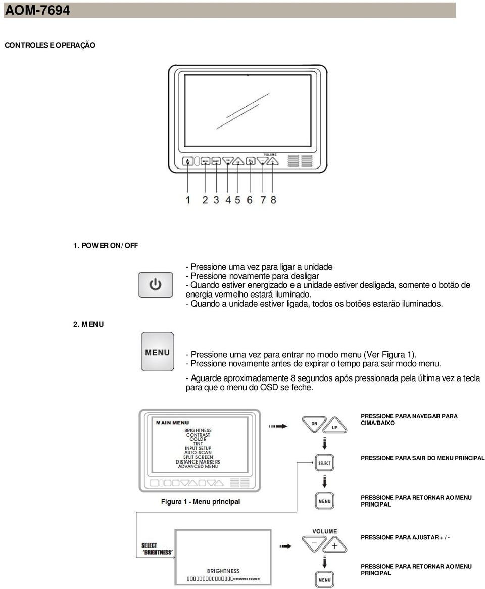 vermelho estará iluminado. - Quando a unidade estiver ligada, todos os botões estarão iluminados. 2. MENU - Pressione uma vez para entrar no modo menu (Ver Figura 1).