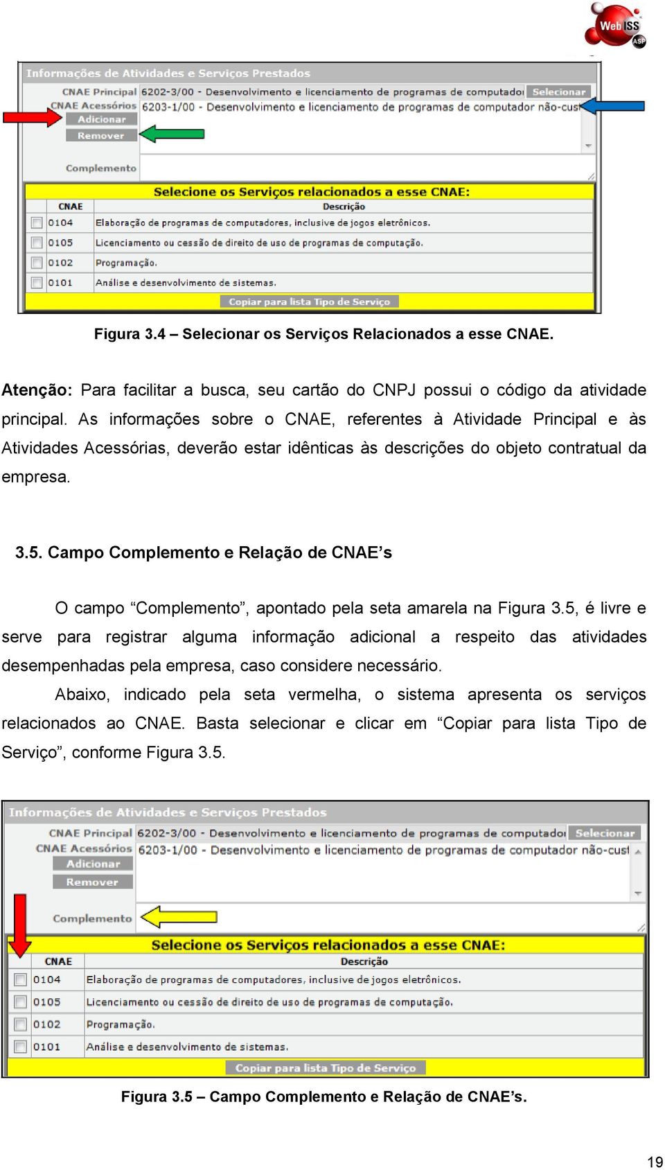 Campo Complemento e Relação de CNAE s O campo Complemento, apontado pela seta amarela na Figura 3.