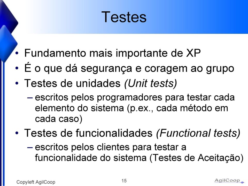 ex., cada método em cada caso) Testes de funcionalidades (Functional tests) escritos pelos