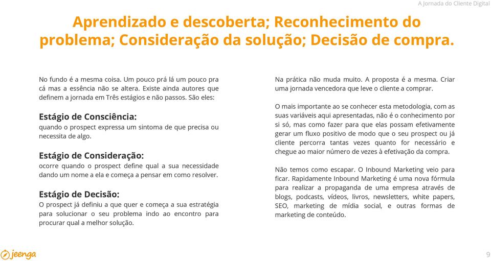 Estágio de Consideração: ocorre quando o prospect define qual a sua necessidade dando um nome a ela e começa a pensar em como resolver.