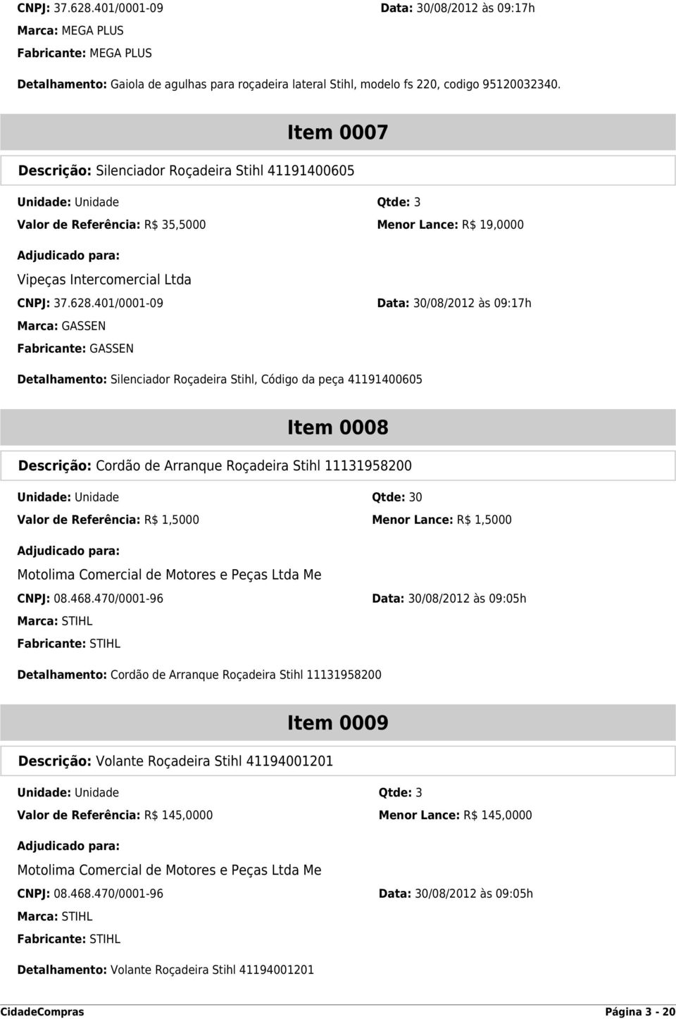 401/0001-09 Data: 30/08/2012 às 09:17h Marca: GASSEN Fabricante: GASSEN Detalhamento: Silenciador Roçadeira Stihl, Código da peça 41191400605 Item 0008 Descrição: Cordão de Arranque Roçadeira Stihl