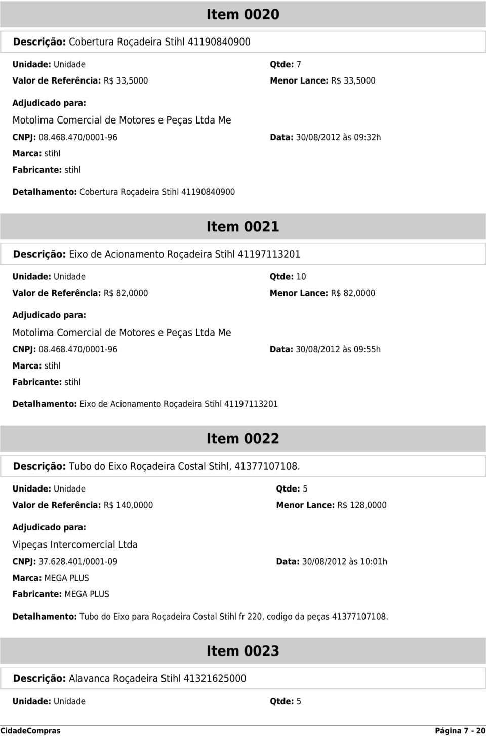 Unidade Qtde: 10 Valor de Referência: R$ 82,0000 Menor Lance: R$ 82,0000 CNPJ: 08.468.