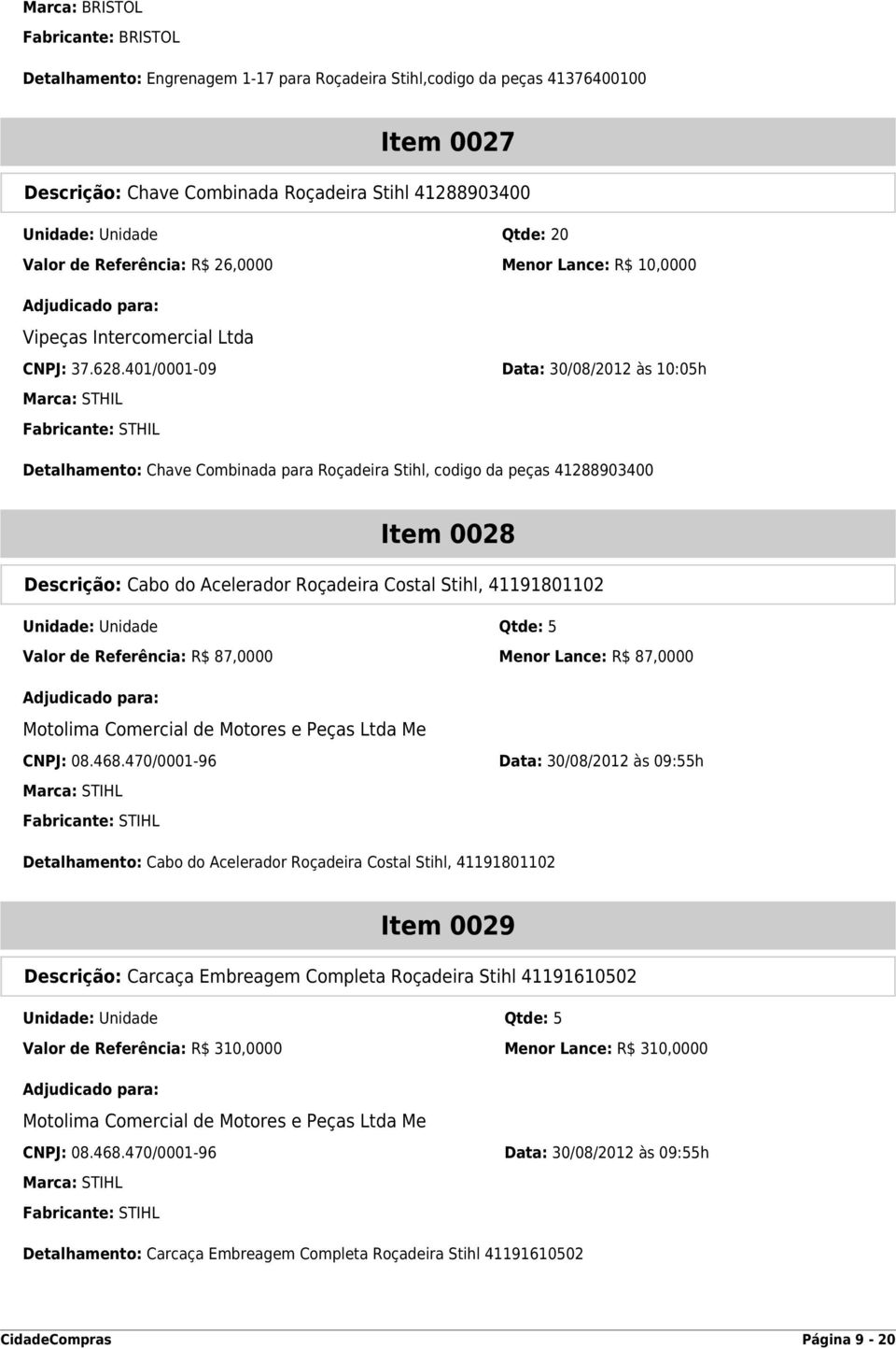 401/0001-09 Data: 30/08/2012 às 10:05h Marca: STHIL Fabricante: STHIL Detalhamento: Chave Combinada para Roçadeira Stihl, codigo da peças 41288903400 Item 0028 Descrição: Cabo do Acelerador Roçadeira