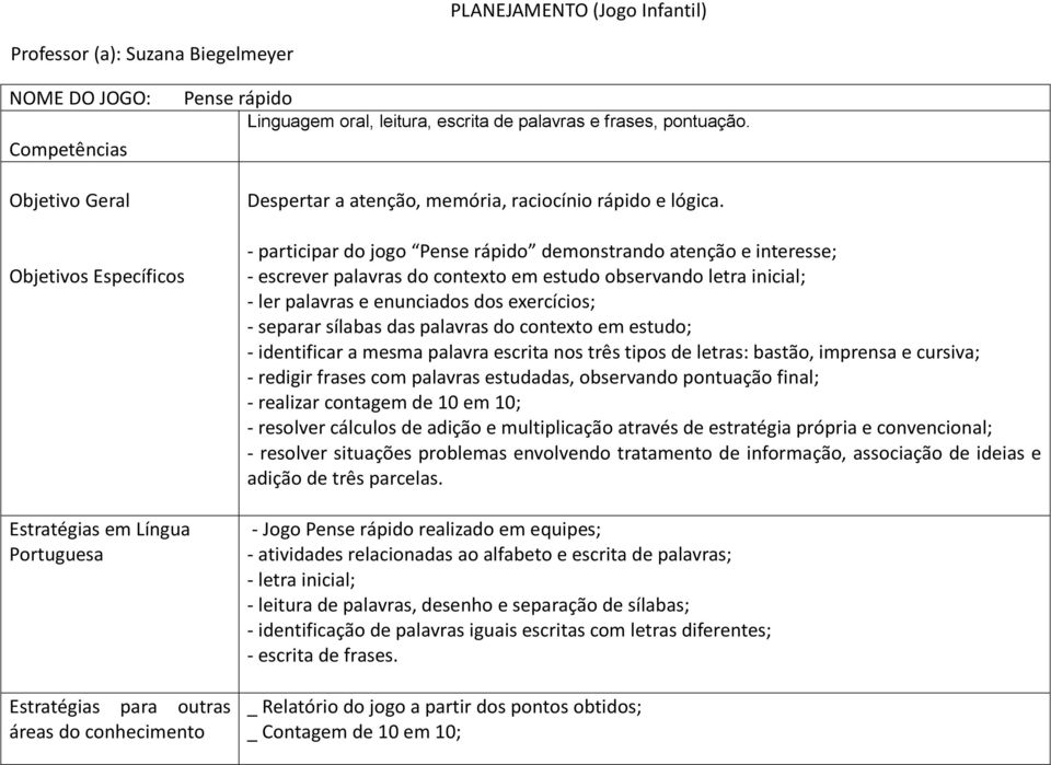 Objetivos Específicos Estratégias em Língua Portuguesa Estratégias para outras áreas do conhecimento - participar do jogo Pense rápido demonstrando atenção e interesse; - escrever palavras do