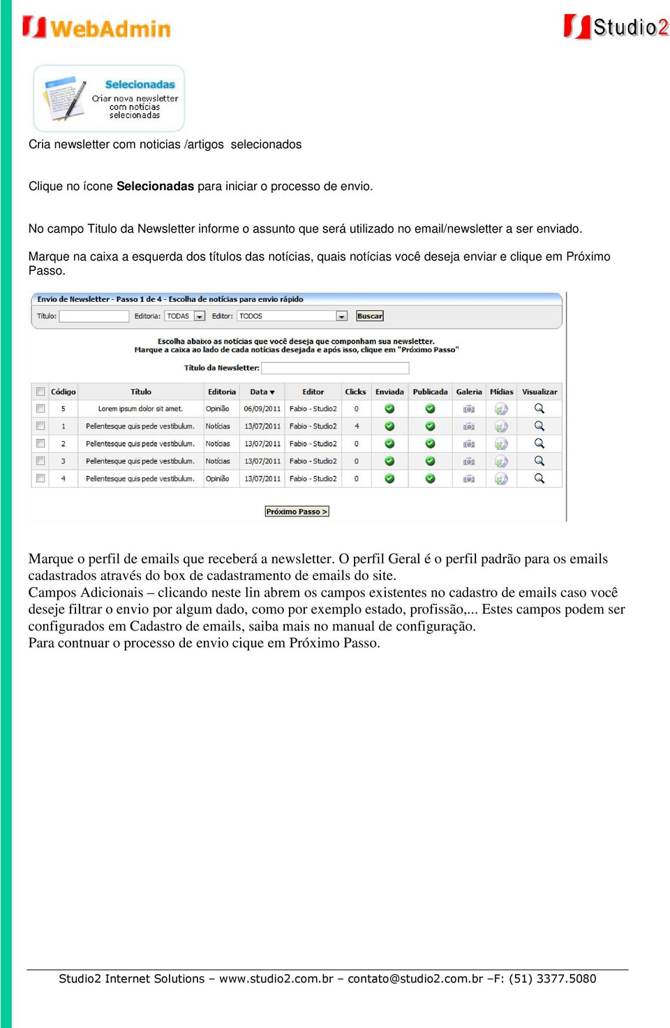 Marque na caixa a esquerda dos títulos das notícias, quais notícias você deseja enviar e clique em Próximo Passo. Marque o perfil de emails que receberá a newsletter.