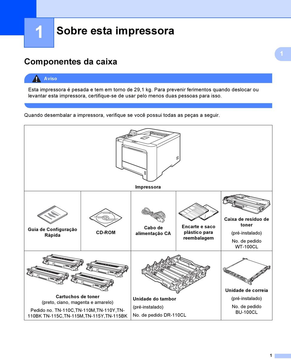 Quando desembalar a impressora, verifique se você possui todas as peças a seguir.