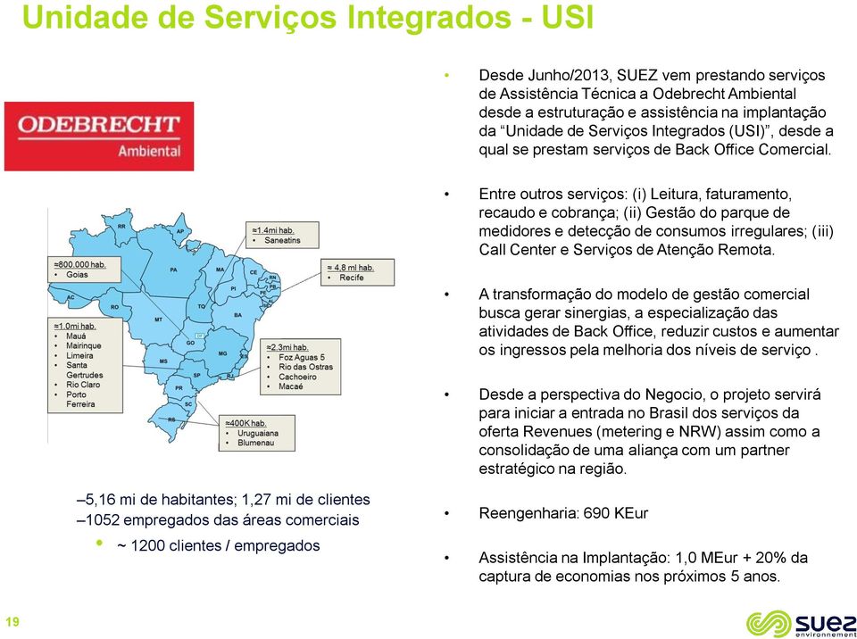 Entre outros serviços: (i) Leitura, faturamento, recaudo e cobrança; (ii) Gestão do parque de medidores e detecção de consumos irregulares; (iii) Call Center e Serviços de Atenção Remota.