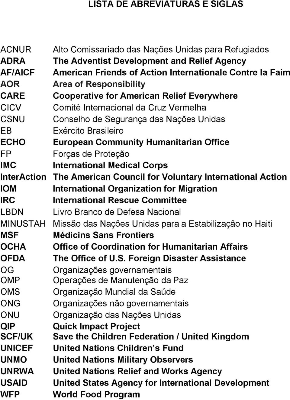 European Community Humanitarian Office FP Forças de Proteção IMC International Medical Corps InterAction The American Council for Voluntary International Action IOM International Organization for