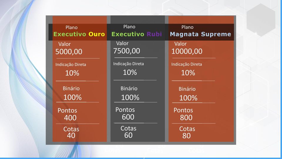 Direta 10% Indicação Indireta Binário 100% 16 Pontos Binário 50% 400 Cotas 40 Indicação Indireta 16 Binário 50% Pontos 200 60