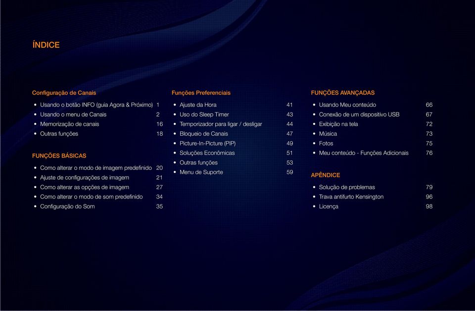 Uso do Sleep Timer 43 Temporizador para ligar / desligar 44 Bloqueio de Canais 47 Picture-In-Picture (PIP) 49 Soluções Econômicas 51 Outras funções 53 Menu de Suporte 59 FUNÇÕES AVANÇADAS