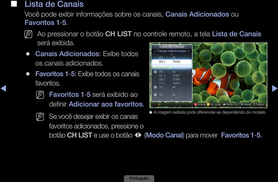 Favoritos 1-5: Exibe todos os canais favoritos. Favoritos 1-5 será exibido ao definir Adicionar aos favoritos. Lista de Canais Canais Adicionados 02 Ar 04.1 TV#4 a 05 Ar 07.