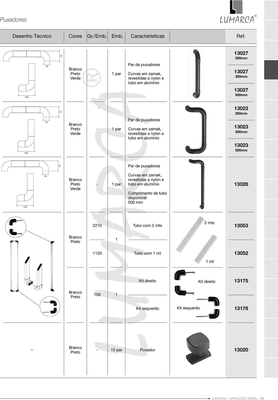 puxadores Curvas em zamak, revestidas a nylon e tubo em alumínio 3023 mm 3023 500mm Par de puxadores par Curvas em zamak,