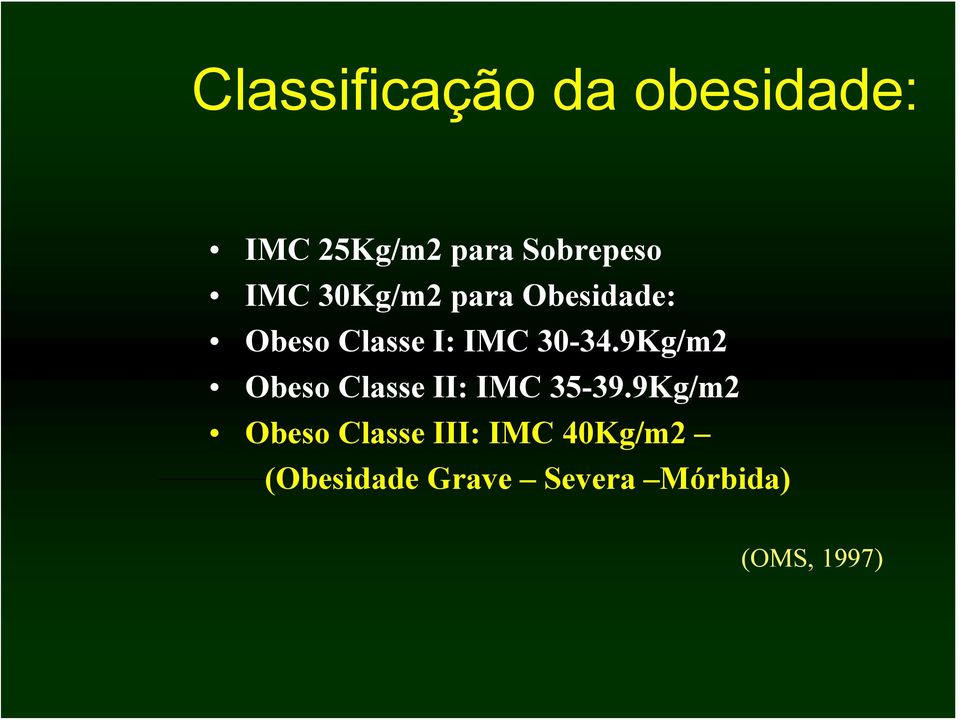9Kg/m2 Obeso Classe II: IMC 35-39.
