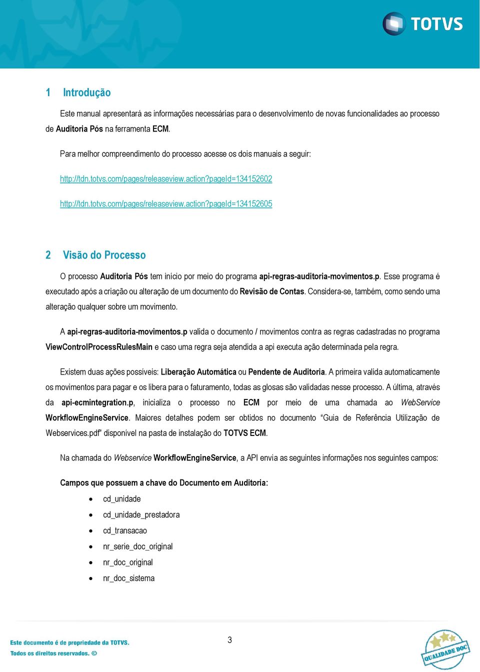 pageid=134152602 http://tdn.totvs.com/pages/releaseview.action?pageid=134152605 2 Visão do Processo O processo Auditoria Pós tem início por meio do programa api-regras-auditoria-movimentos.p. Esse programa é executado após a criação ou alteração de um documento do Revisão de Contas.