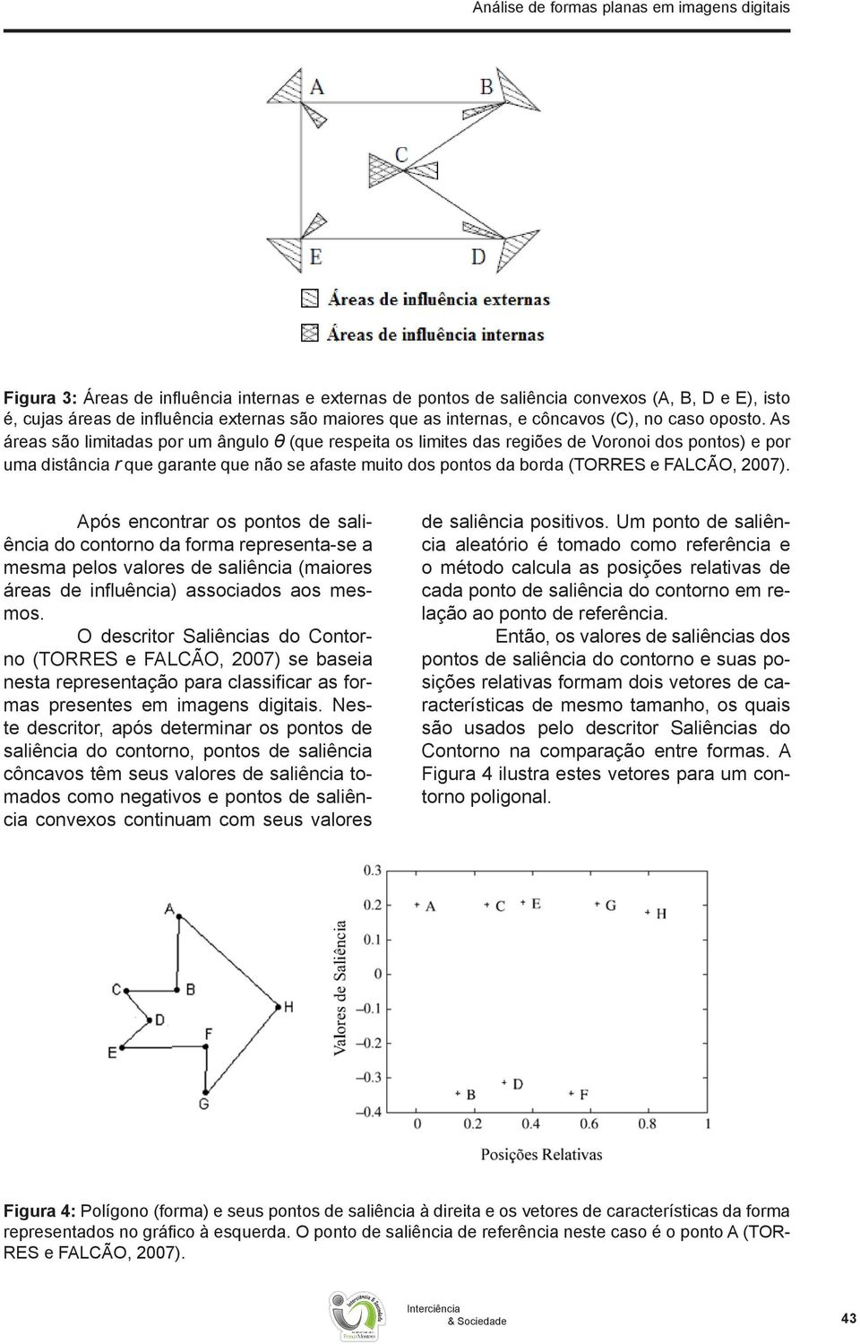 As áreas são limitadas por um ângulo θ (que respeita os limites das regiões de Voronoi dos pontos) e por uma distância r que garante que não se afaste muito dos pontos da borda (TORRES e FALCÃO,