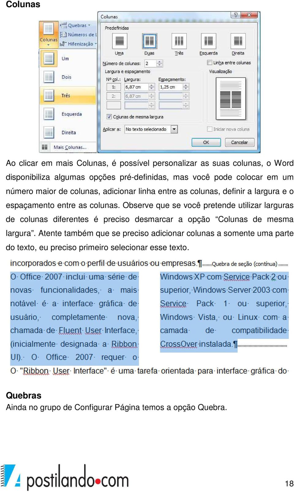 Observe que se você pretende utilizar larguras de colunas diferentes é preciso desmarcar a opção Colunas de mesma largura.