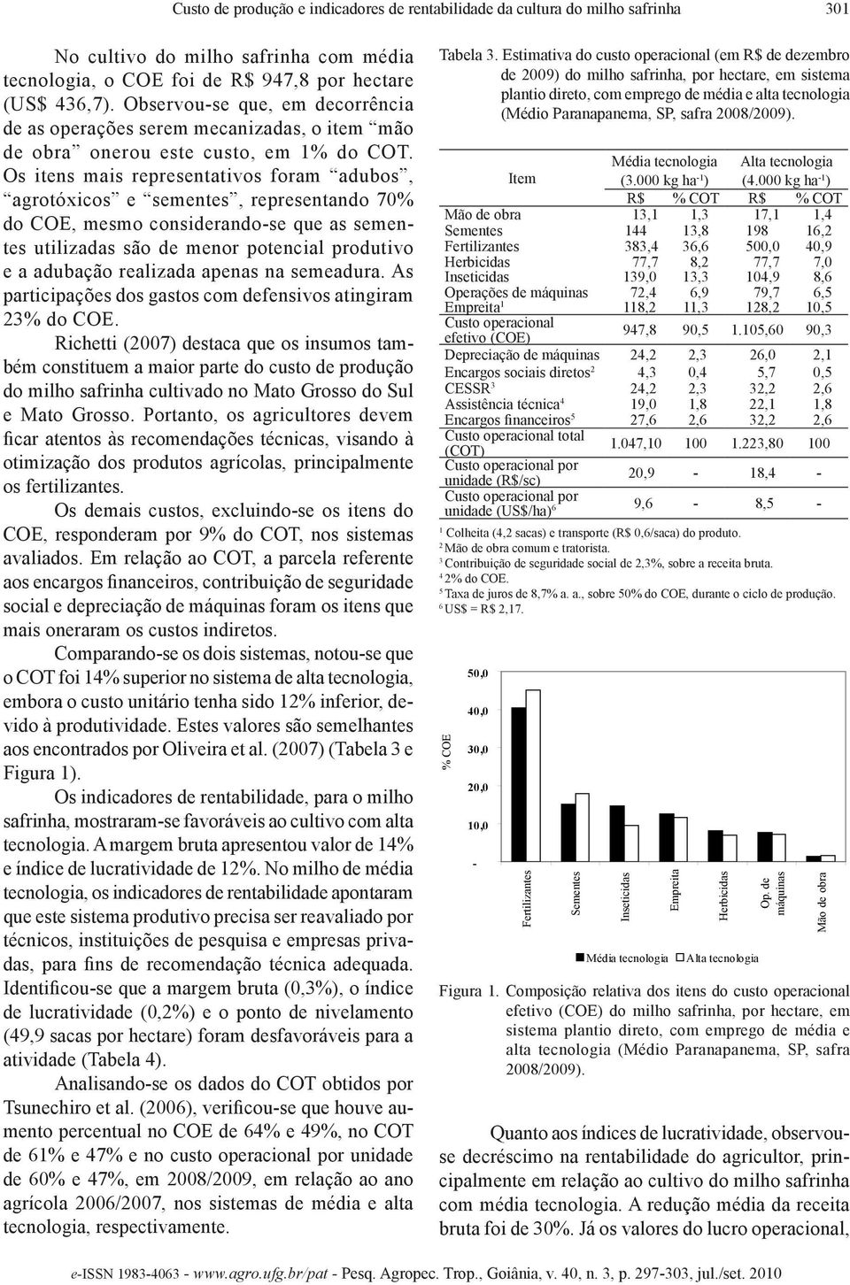 Os itens mais representativos foram adubos, agrotóxicos e sementes, representando 70% do COE, mesmo considerando-se que as sementes utilizadas são de menor potencial produtivo e a adubação realizada