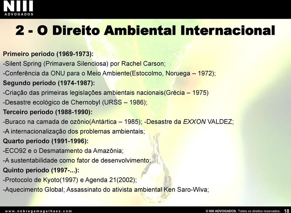 -Buraco na camada de ozônio(antártica 1985); -Desastre da EXXON VALDEZ; -A internacionalização dos problemas ambientais; Quarto período (1991-1996): -ECO92 e o Desmatamento da Amazônia;