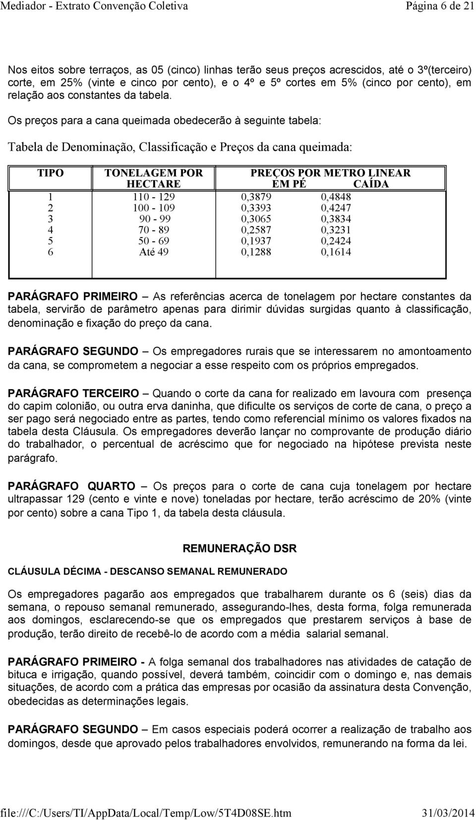 Os preços para a cana queimada obedecerão à seguinte tabela: Tabela de Denominação, Classificação e Preços da cana queimada: TIPO 1 2 3 4 5 6 TONELAGEM POR HECTARE 110-129 100-109 90-99 70-89 50-69