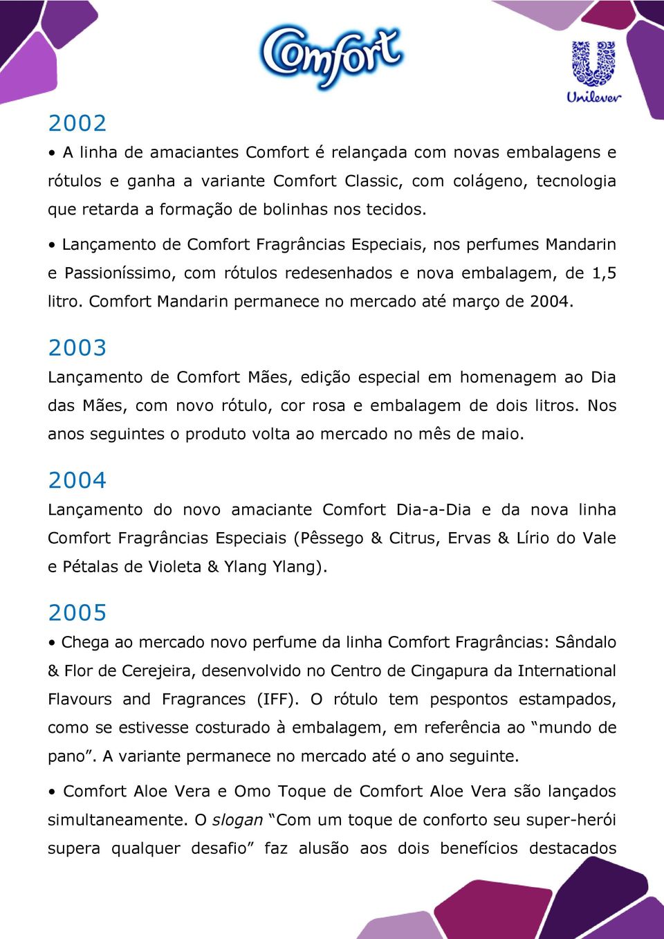 2003 Lançamento de Comfort Mães, edição especial em homenagem ao Dia das Mães, com novo rótulo, cor rosa e embalagem de dois litros. Nos anos seguintes o produto volta ao mercado no mês de maio.