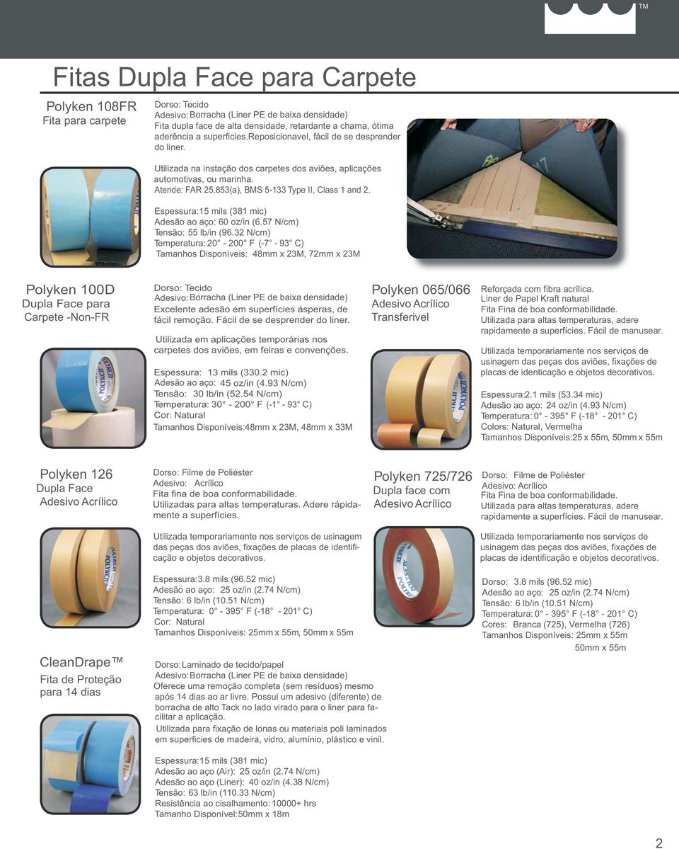 Espessura:15 mils (381 mic) Adesão ao aço: 60 oz/in (6.57 N/cm) Tensão: 55 lb/in (96.