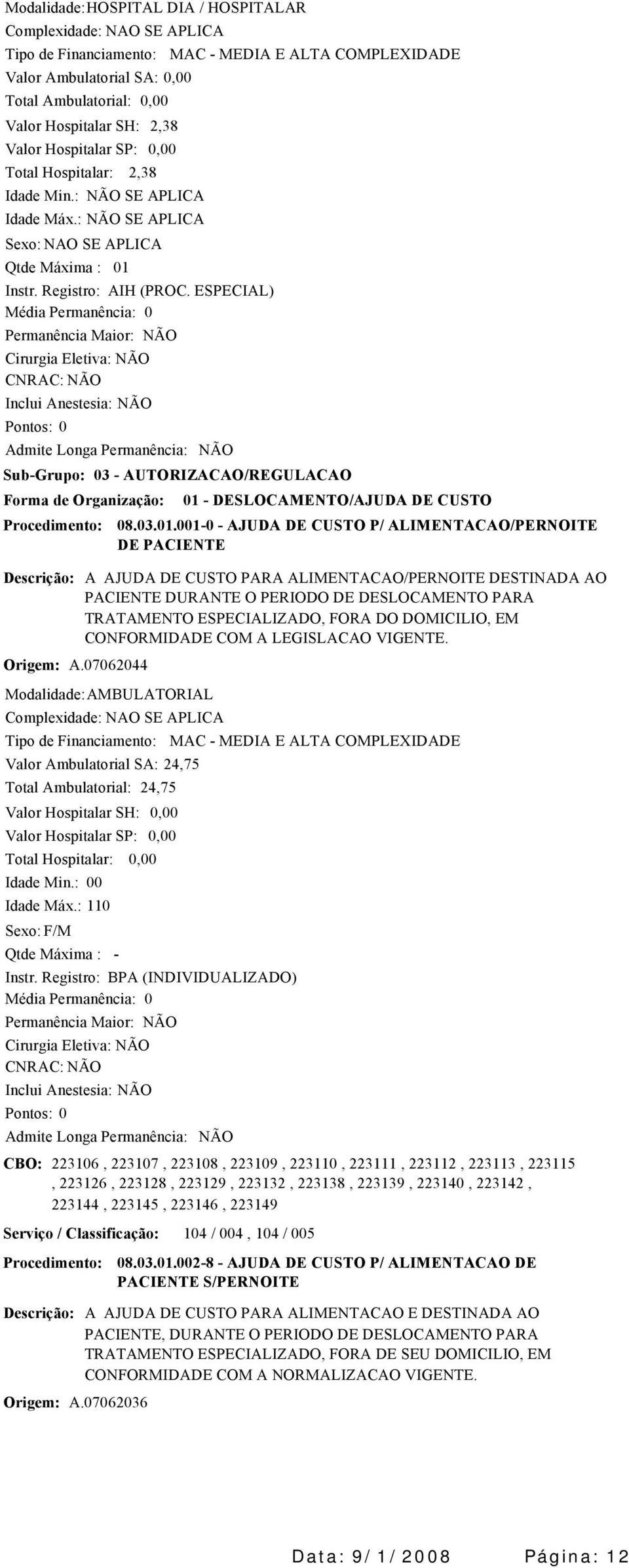 SubGrupo: 03 AUTORIZACAO/REGULACAO Forma de Organização: Origem: A.07062044 01 