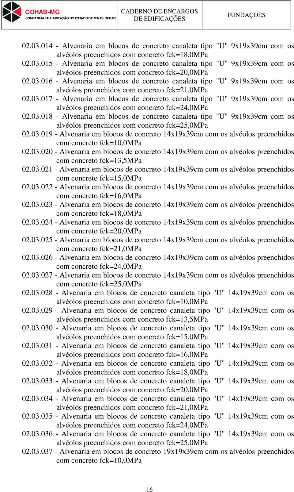 03.018 - Alvenaria em blocos de concreto canaleta tipo "U" 9x19x39cm com os alvéolos preenchidos com concreto fck=25,0mpa 02.03.019 - Alvenaria em blocos de concreto 14x19x39cm com os alvéolos preenchidos com concreto fck=10,0mpa 02.
