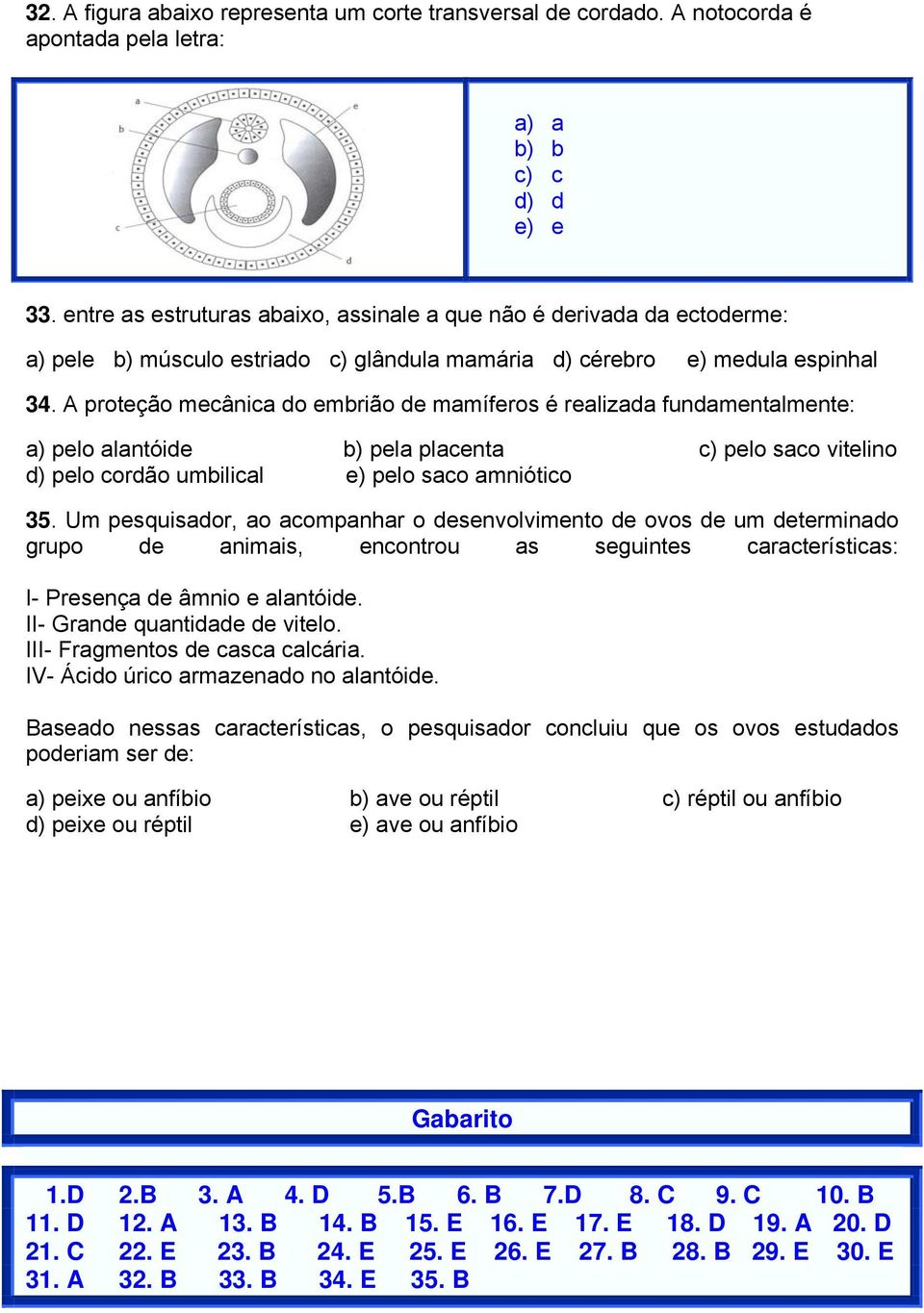 A proteção mecânica do embrião de mamíferos é realizada fundamentalmente: a) pelo alantóide b) pela placenta c) pelo saco vitelino d) pelo cordão umbilical e) pelo saco amniótico 35.