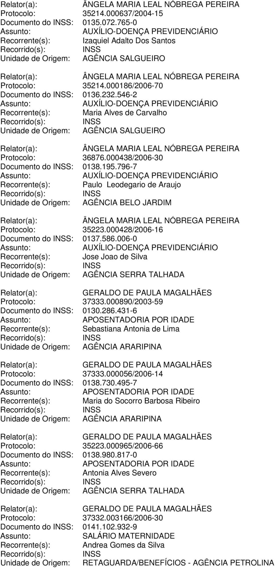 796-7 Recorrente(s): Paulo Leodegario de Araujo Unidade de Origem: AGÊNCIA BELO JARDIM Protocolo: 35223.000428/2006-16 Documento do INSS: 0137.586.