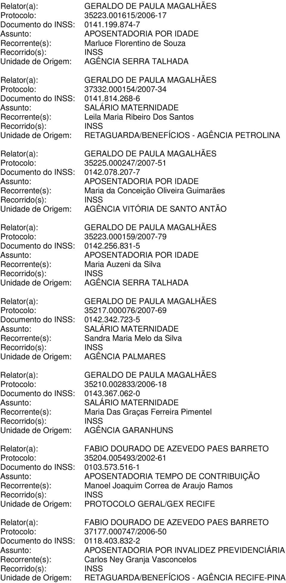 207-7 Recorrente(s): Maria da Conceição Oliveira Guimarães Unidade de Origem: AGÊNCIA VITÓRIA DE SANTO ANTÃO Protocolo: 35223.000159/2007-79 Documento do INSS: 0142.256.