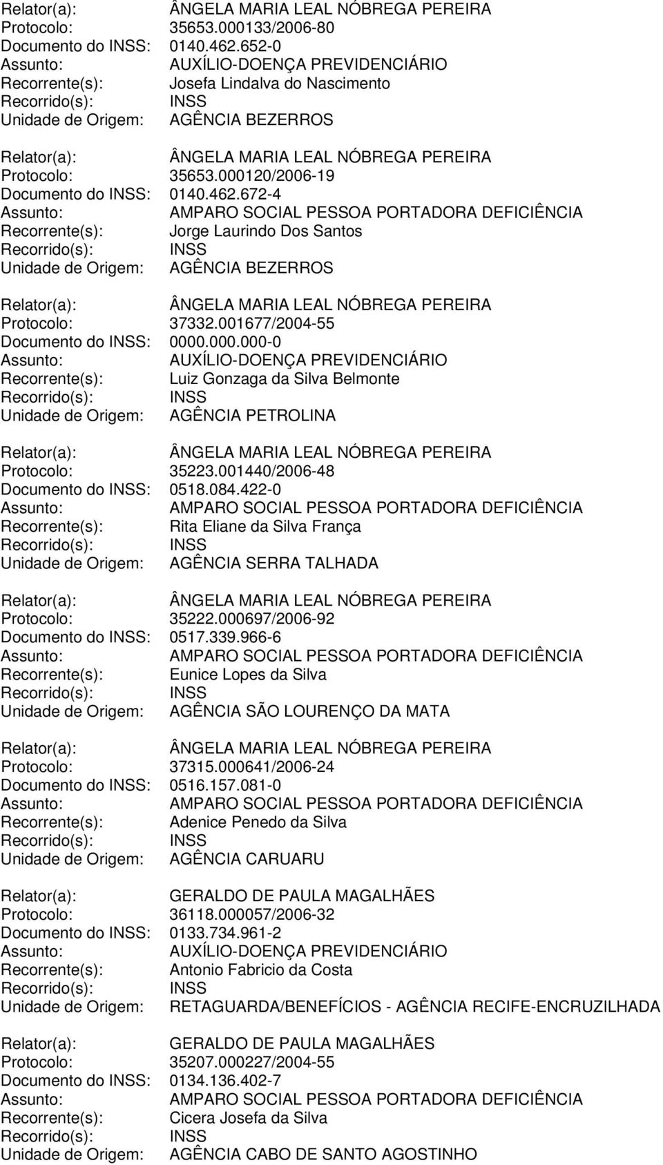 001440/2006-48 Documento do INSS: 0518.084.422-0 Recorrente(s): Rita Eliane da Silva França Protocolo: 35222.000697/2006-92 Documento do INSS: 0517.339.