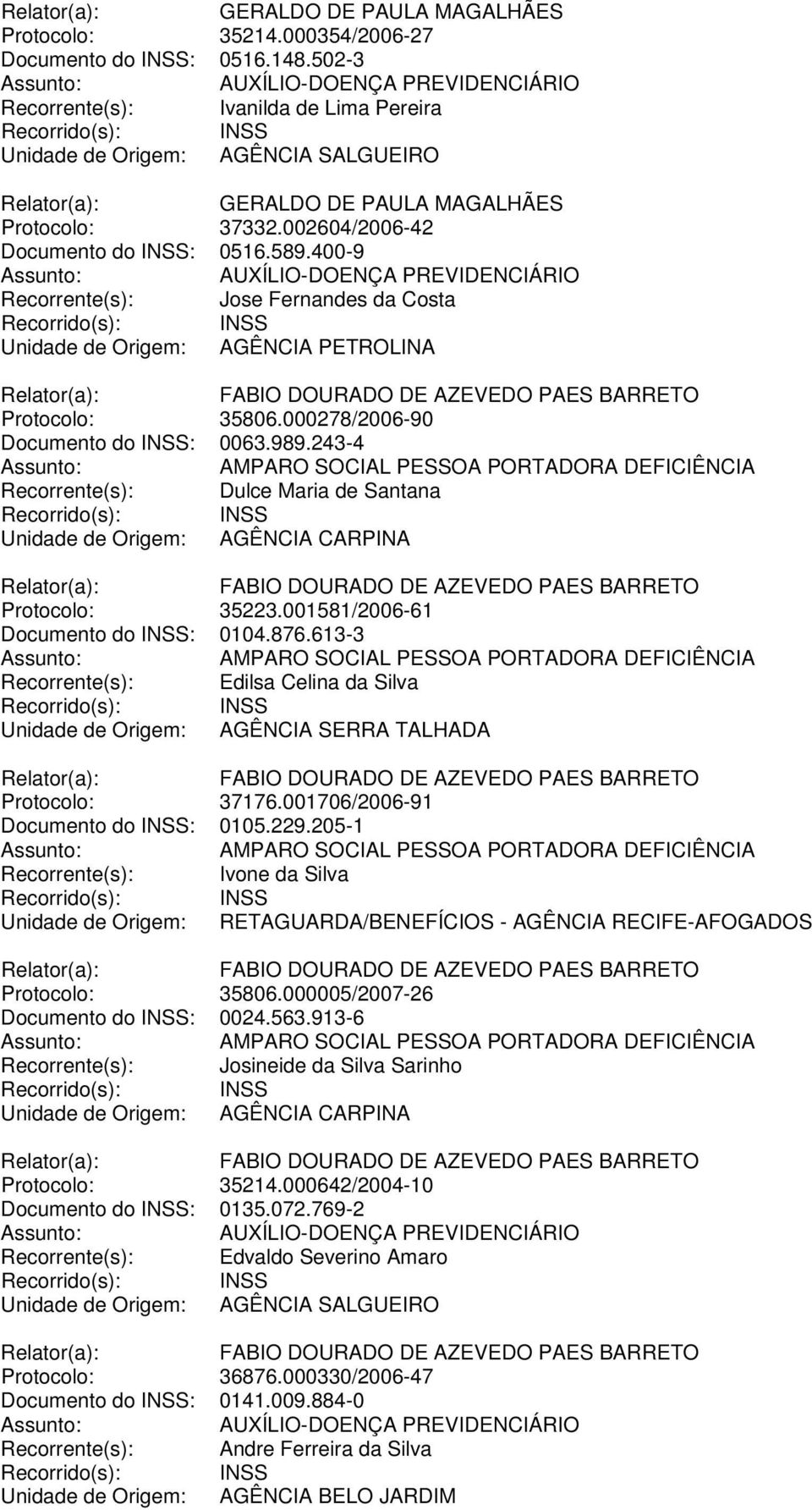 243-4 Recorrente(s): Dulce Maria de Santana Unidade de Origem: AGÊNCIA CARPINA Protocolo: 35223.001581/2006-61 Documento do INSS: 0104.876.613-3 Recorrente(s): Edilsa Celina da Silva Protocolo: 37176.