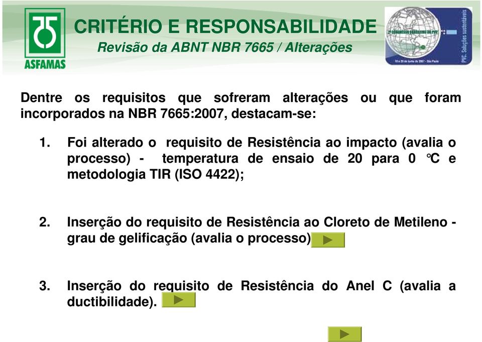 Foi alterado o requisito de Resistência ao impacto (avalia o processo) - temperatura de ensaio de 20 para 0 C e