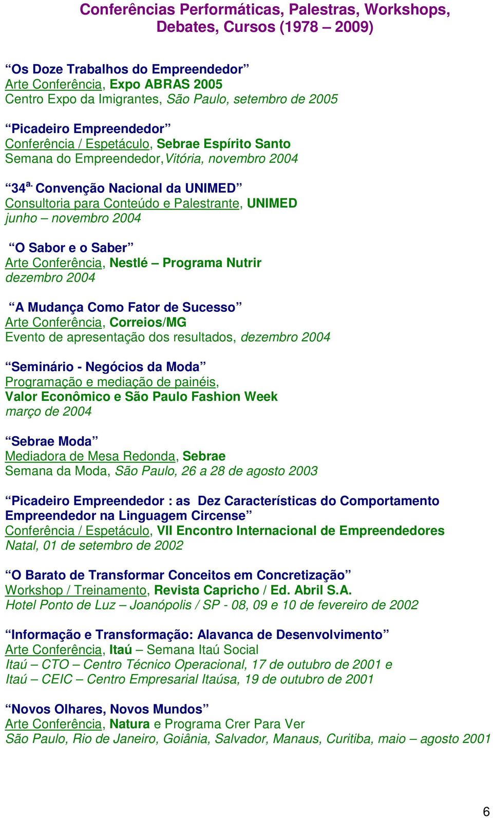 Convenção Nacional da UNIMED Consultoria para Conteúdo e Palestrante, UNIMED junho novembro 2004 O Sabor e o Saber Arte Conferência, Nestlé Programa Nutrir dezembro 2004 A Mudança Como Fator de