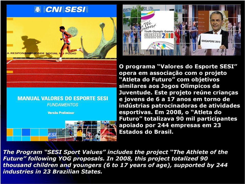 Em 2008, o Atleta do Futuro totalizava 90 mil participantes apoiado por 244 empresas em 23 Estados do Brasil.