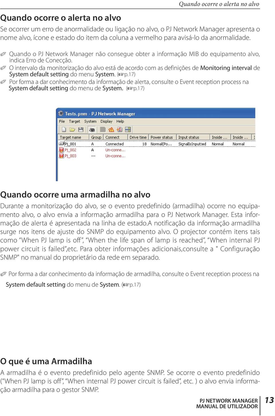 0 O intervalo da monitorização do alvo está de acordo com as definições de Monitoring interval de System default setting do menu System. (+p.